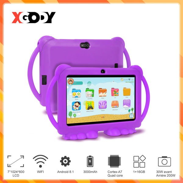 XGODY Kids Tablet PC Android 8.1 7 Inch HD Silicone Case With Quad Core USB Charging Support 1GB/ 3GB RAM 16GB/ 32GBROM