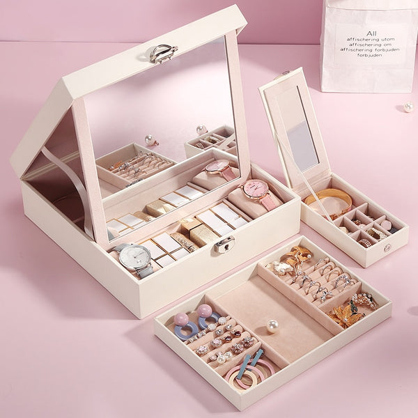 2022 Large PU Leather Jewelry Box Organizer with Mini Travel Storage Case Girls Ring Earrings Necklace Casket For Jewellery Box
