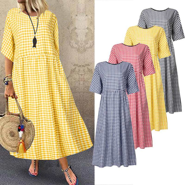 2022 Bohemian Women Dress ZANZEA Vintage Plaid Check Casual Cotton Linen Vestidos Long Maxi Dresses Beach Party Summer Sundress