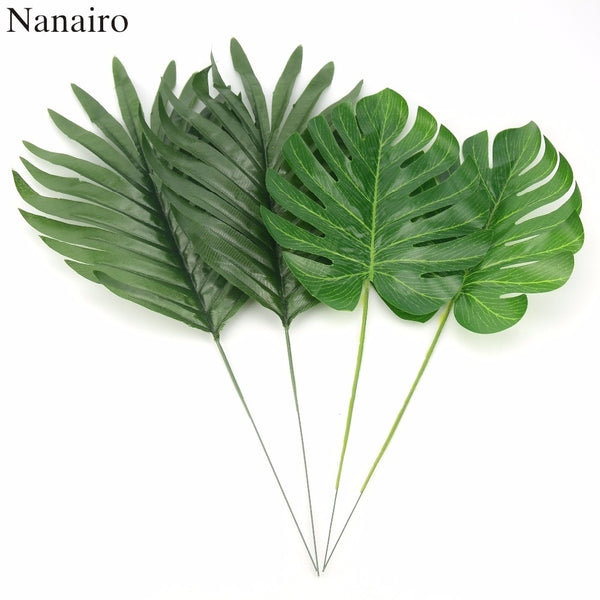 12Pcs 2Kind Large Artificial Fake Monstera Palm tree Leaves Green Plastic Leaf Wedding DIY Decoration Cheap Flowers Leaves Plant