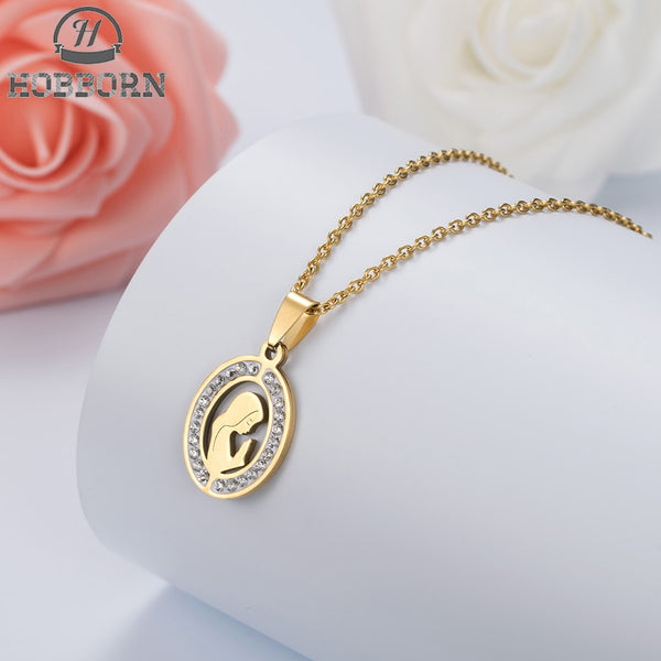 HOBBORN Trendy Women Men Religious Necklace Stainless Steel Gold Color CZ Crystal Virgin Mary Maria Necklaces &amp; Pendants Jewelry