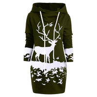SAGACE Women Christmas Monochrome Reindeer Printed Hooded Drawstring Mini Dress Winter Polyester Princess Dress travel August 22