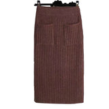 DeRuiLaDy 2019 New Fall Winter Warm Elegant Skirt Elastic Knitted High Waist Pockets Skirts Casual Black Midi Skirt